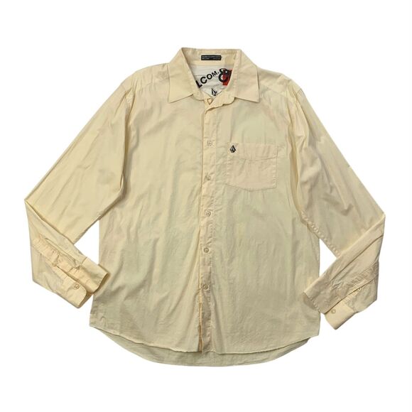 Volcom Shirt Men L Large Cream Cotton Blend Long Sleeve Button Up Tailored Dress - Picture 1 of 9